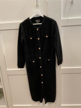 Line & Dot Black Long Knit Coatigan with Gold Buttons